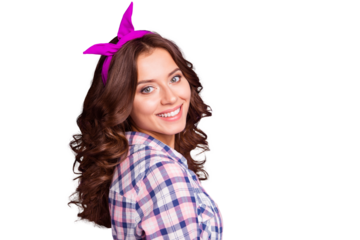 Lovely cute sweet gorgeous lady with her modern hairdo she isolated on vivid purple background look at camera over shoulder make hollywood white smile