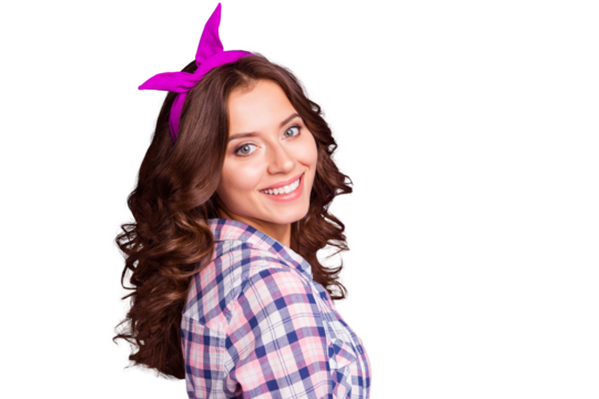 Lovely cute sweet gorgeous lady with her modern hairdo she isolated on vivid purple background look at camera over shoulder make hollywood white smile