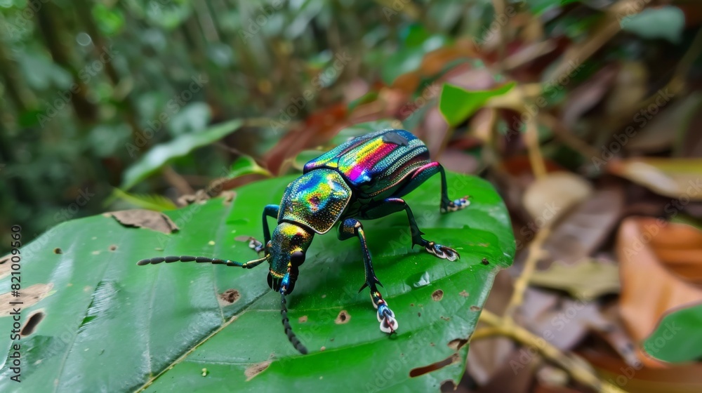 Poster Beetle with shiny, iridescent colors resting on a leaf in the forest.