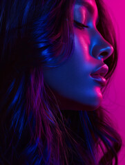 Fototapeta premium Side profile of a young woman under vibrant neon lights