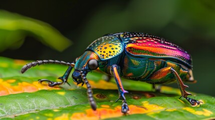 Beetle with shiny, iridescent colors resting on a leaf in the forest.