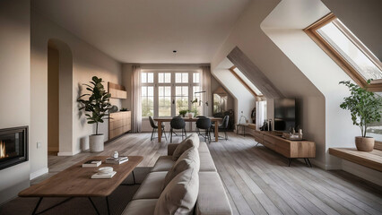 The room features high ceilings, an

open floor plan with a seamless flow between living, dining, and kitchen areas. The color palette includes shades of gray, white, and black