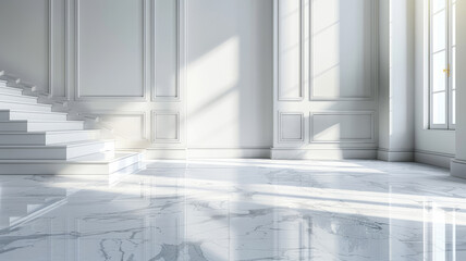 A luxurious marble floor interior with bright sunlight and a staircase.