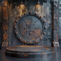 Fototapeta premium A large, round, metal door with rivets and a worn surface, set in a rusty metal wall.