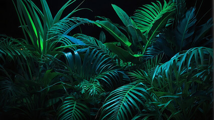 Fototapeta premium Lush Green Indoor Plants Under Blue Lighting 