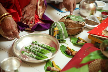 Holy grahmakh pooja done before wedding and threading ceremony, Indian Hindu traditional Cultural rituals, mandap devta poojan, artistic photos, 