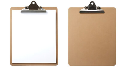 Two wooden clipboards, one with a blank white sheet of paper and the other completely blank, both with black metal clips at the top