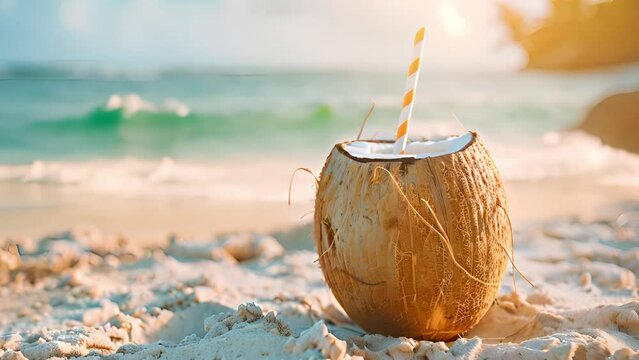 A refreshing coconut with a straw is placed on a sandy beach, with the ocean waves and a clear blue sky in the background on a sunny summer day.