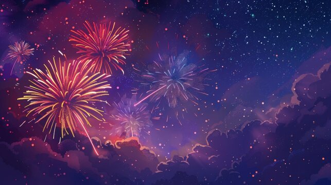 Bright and colorful fireworks display set against a dark, starry sky.