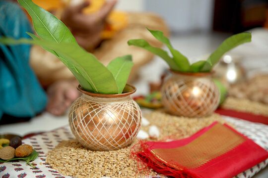 Holy grahmakh pooja done before wedding and threading ceremony, Indian Hindu traditional Cultural rituals, mandap devta poojan, artistic photos, 