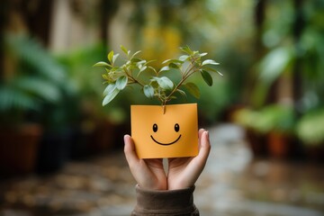 A hand holds a small plant growing in a yellow square with a smiley face drawn on it.  The plant symbolizes growth and happiness.