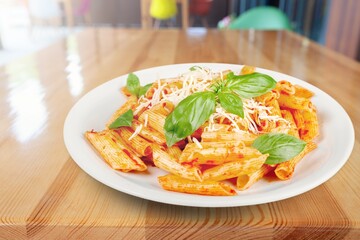 Delicious plate of tasty italian pasta noodles dish
