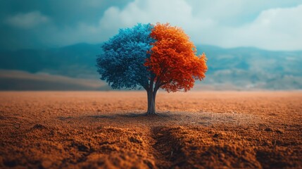 A solitary tree with blue and orange leaves stands in a field, symbolizing duality and change.