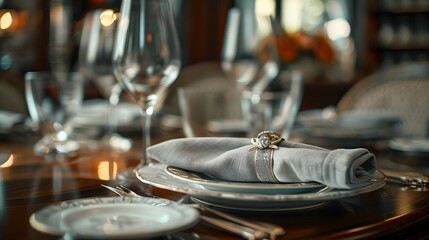 Fototapeta premium An elegant restaurant table setting with a folded silver gray linen napkin placed on top of the plate, showcasing luxury and sophistication in fine dining. 