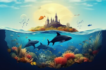 A whimsical illustration depicting a castle on an island, half submerged in water with colorful coral reefs and swimming sharks.