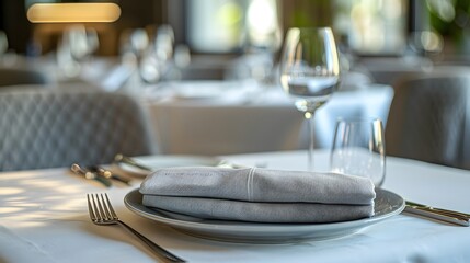 An elegant restaurant table setting with a folded silver gray linen napkin placed on top of the plate, showcasing luxury and sophistication in fine dining.
