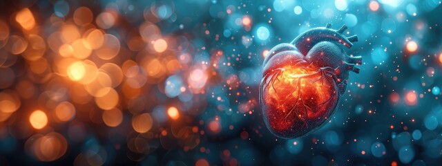 Abstract glowing heart with bokeh background, service health and medical technology concept
