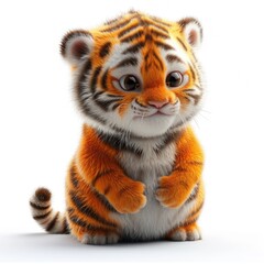 Adorable cartoon tiger cub with large eyes, sitting on white background.