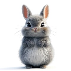 Cute, fluffy grey bunny rabbit with big eyes standing on white background.