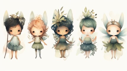 Five adorable fairies with delicate wings and floral crowns, standing in a row on a white background.
