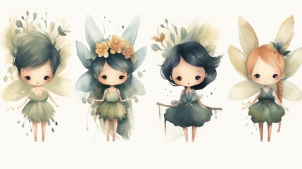 Four cute fairies with different hair colors and dresses.  vector