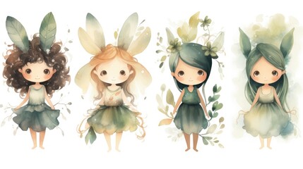 Four adorable girls with bunny ears and floral accents. Watercolor illustration.