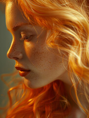 A close-up side profile of a young adult woman with red hair.