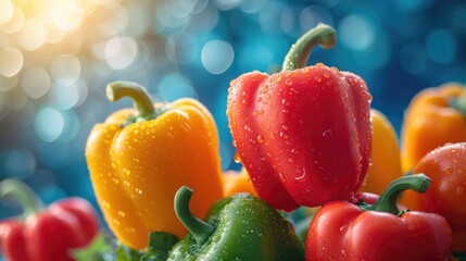Fresh, vibrant bell peppers with water droplets on a blue background.