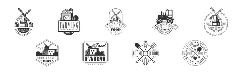 Fototapeta premium Organic Farm Product Label and Logo Monochrome Design Vector Set