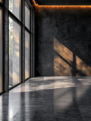 Modern loft space with concrete walls, large windows, and sunlight.