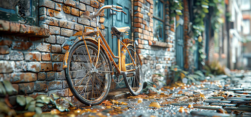 A vintage bicycle leaning against a rustic brick wall. - Powered by Adobe