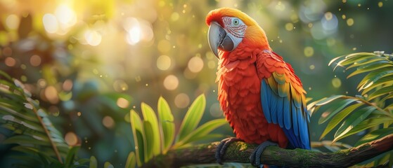 Obraz premium Portrait of a colorful macaw perched on a lush tropical branch, showcasing its intricate feathers and piercing gaze in a vivid watercolor style