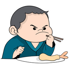 baby boy with an annoyed face eating fried shrimp