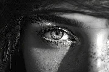 Fototapeta premium Macro black and white photo of a woman's eye with creative makeup