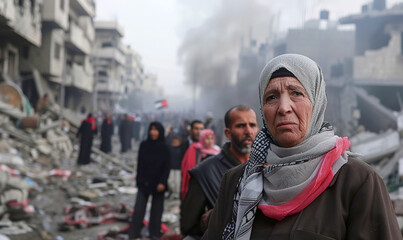 Palestinian arab people women and men and child are standing against a background of thick black smoke in destroyed city. Middle Eastern conflict 