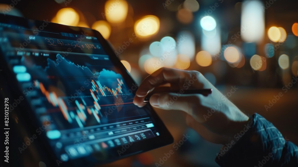 Aufkleber business person analyzing a stock chart on a digital tablet with financial data overlay.