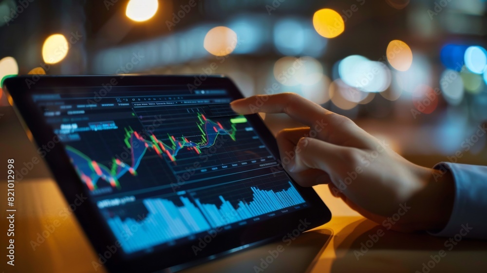 Poster business person analyzing a stock chart on a digital tablet with financial data overlay.