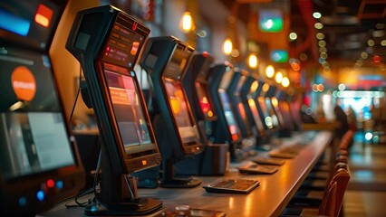 This Internet cafe with rows of computers ready for use. Modern digital workspace.