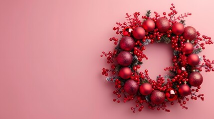 Christmas wreath with red ornaments and berries on a pink background.
