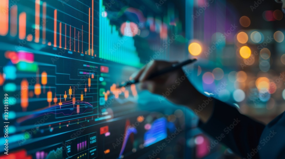 Aufkleber businessman holding a pen and pointing at a large stock chart displayed on a digital board.