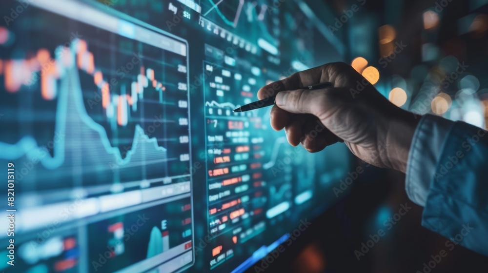 Aufkleber businessman holding a pen and pointing at a large stock chart displayed on a digital board.