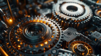 Closeup of the gear portal in an industrial engine, with visible gears and machinery, creating an immersive atmosphere.
