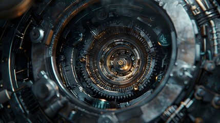 Fototapeta premium Closeup of the gear portal in an industrial engine, with visible gears and machinery, creating an immersive atmosphere. 