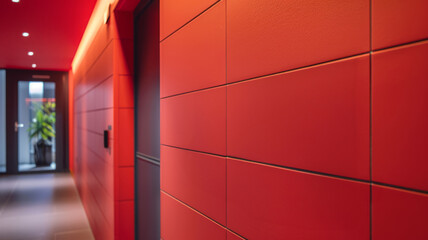 Modern hallway with red tiled walls and a door in the distance.