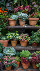 Assortment of Year-round Plants in Rustic Terracotta Pots Keeping Garden Vibrant