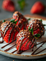 Strawberries dipped in chocolate on a decorated plate.