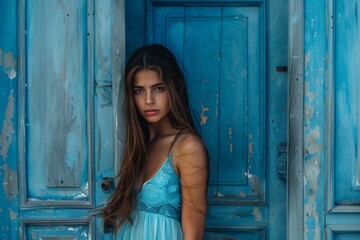 Fototapeta na wymiar A woman in a blue dress stands in front of a blue door