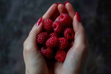 A hand holding a bunch of red raspberries - Powered by Adobe