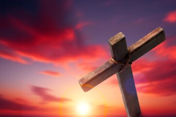 Golgotha hill and wooden cross on sky background
