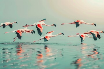 A flock of flamingos flying over a body of water